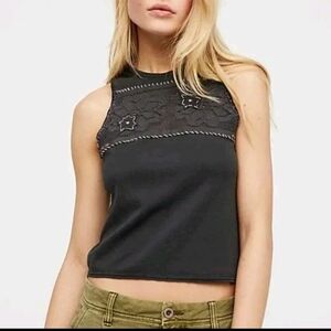 Free People We The Free Window Crochet Star Crop Tank Top in Black Size Medium